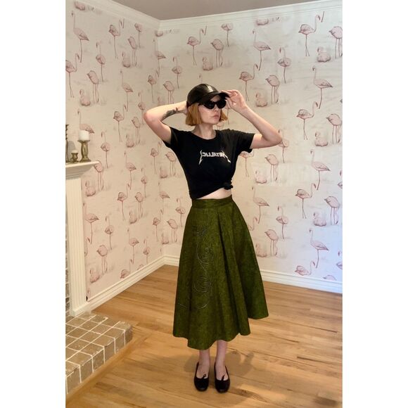Vintage Handmade 1950s Style Forest Green Wool A-Line Skirt w/ Embroidery Detail - Picture 4 of 7